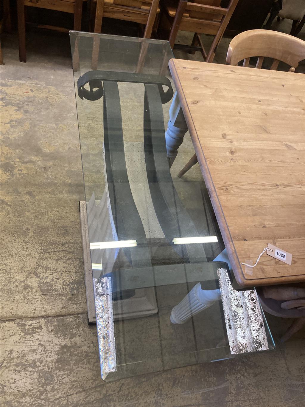 A contemporary composition wrought iron glass top console table, length 120cm, depth 40cm, height 75cm